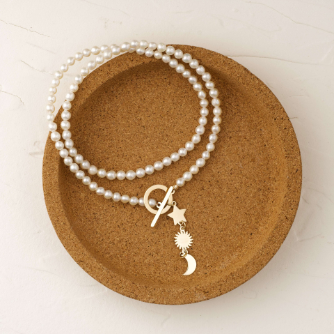 Coliere din perle naturale cu aur - Colier perle naturale de cultura cu pandantiv toggle Soare Luna si Stea din Aur 14K