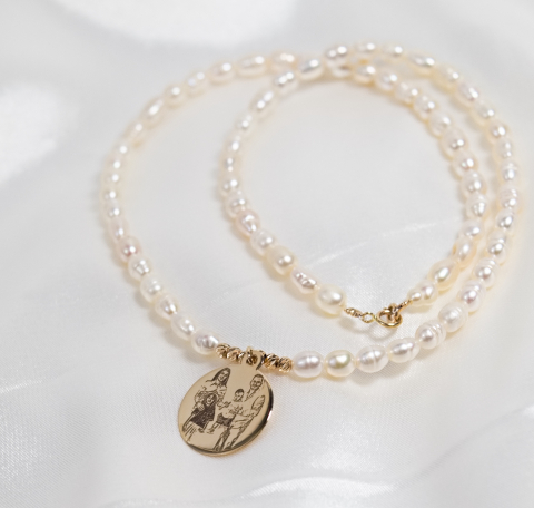 FOTO-GRAVURĂ - Colier perle naturale cu medalion din aur 14K personalizat cu poza