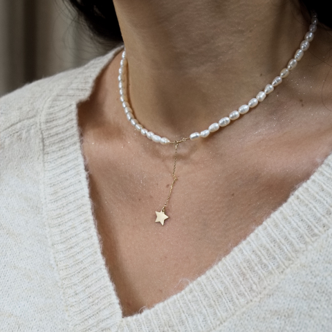 COLIERE - Colier perle de cultura si lantisor aur 14K cu pandantiv steluta