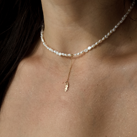 COLIERE - Colier perle mici cu extensie de lantisor aur si pandantiv baietel / fetita Aur 14K