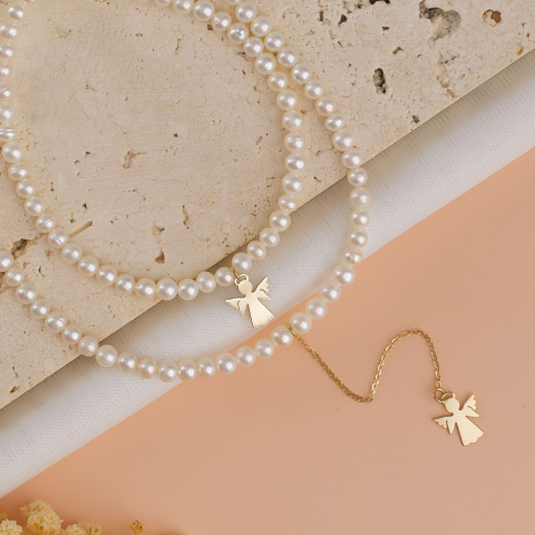 Coliere din perle naturale cu aur - Set perle si Aur 14K - Colier si bratara din perle naturale si pandantive Ingeras din Aur 14K