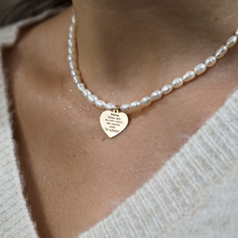 Colier perle naturale - Colier perle naturale de cultura si pandativ aur 14K inima cu mesaj emotionat pentru Mama