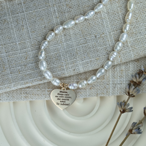 Colier perle naturale de cultura si pandativ aur 14K inima cu mesaj emotionat pentru Mama [4]