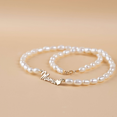 Colier din perle naturale si link 'Mama' din aur 14K [10]