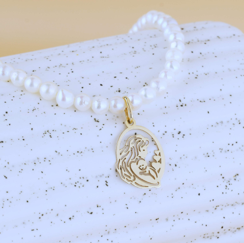 Coliere din perle naturale cu aur - Colier perle naturale de cultura si Pandantiv din Aur 14K Mama si Bebe