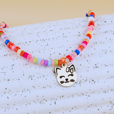 Cadouri Fetite - Colier fetite cu margele colorate si Pandantiv din Aur 14K Pisicuta Hello Kitty
