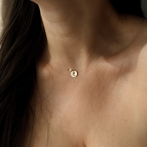 Lantisor fir transparent - Colier invizibil - Lantisor cu fir transparent si medalion din aur 14K trandafir