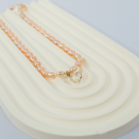 Colier din perle naturale 'peach colour' si pandantiv inima din aur 14K [1]