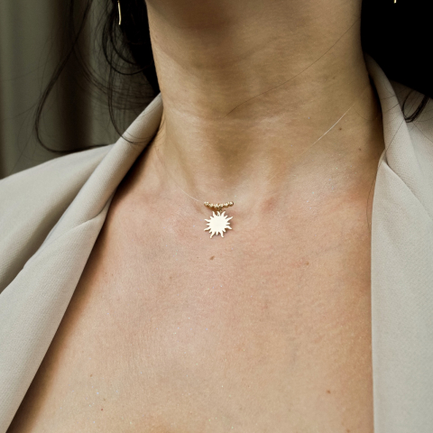 Lantisor fir transparent - Colier invizibil - Colier fir transparent si pandantiv din aur 'Soare' - Bilute aur 2.5 mm