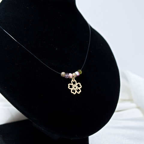 Lantisor fir transparent - Colier invizibil - Colier fir transparent guta si pandantiv din aur 14K 'Floare de nu-ma-uita'