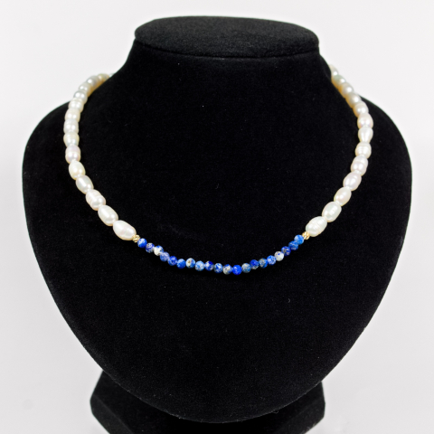 Colier din perle cu bile din aur si cristale naturale Lapis lazuli [4]
