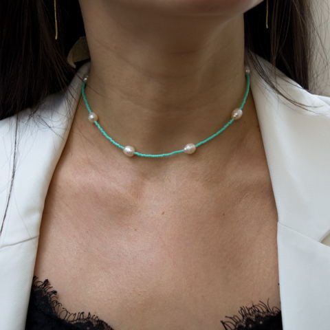 COLIERE - Colier margele colorate de vara - Perle de cultura si cristale colorate - Prindere cheita aur 14K