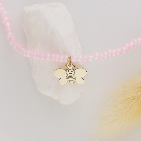 COPII - Colier pentru fetite cu margelute roze si pandantiv Fluture din Aur 14K