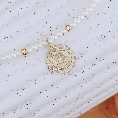 Coliere din perle naturale cu aur - Colier din perle rotunde de cultura si pandantiv din Aur 14K Icoana Maica Domnului / Fecioara Maria
