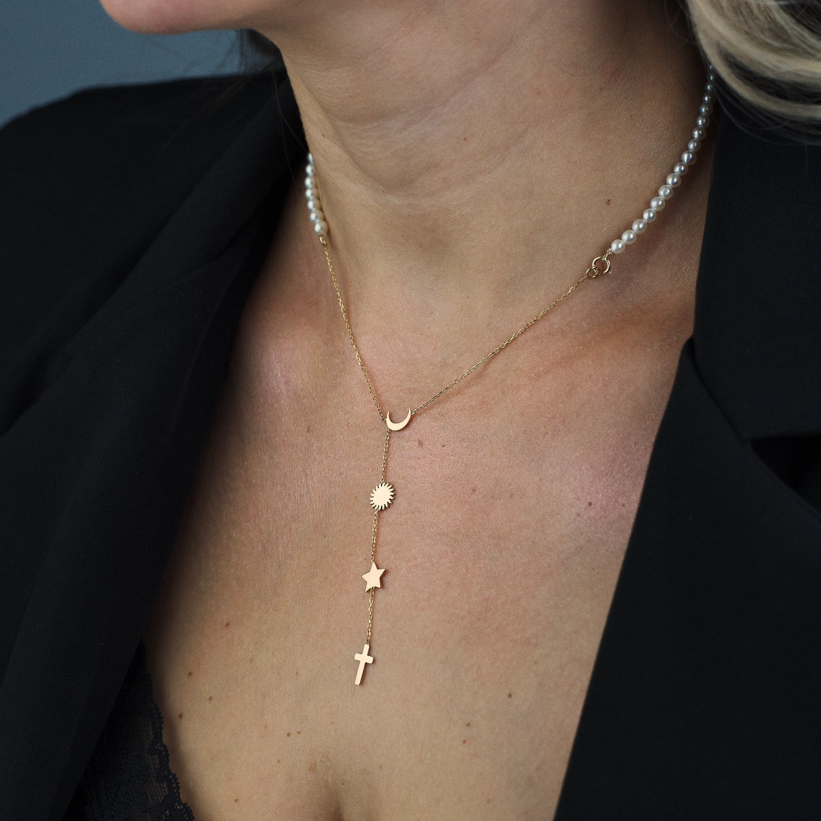 Rozariu din perle naturale cu lantisor aur 14K - Luna Soare Stele - Cruciulita Aur [5]