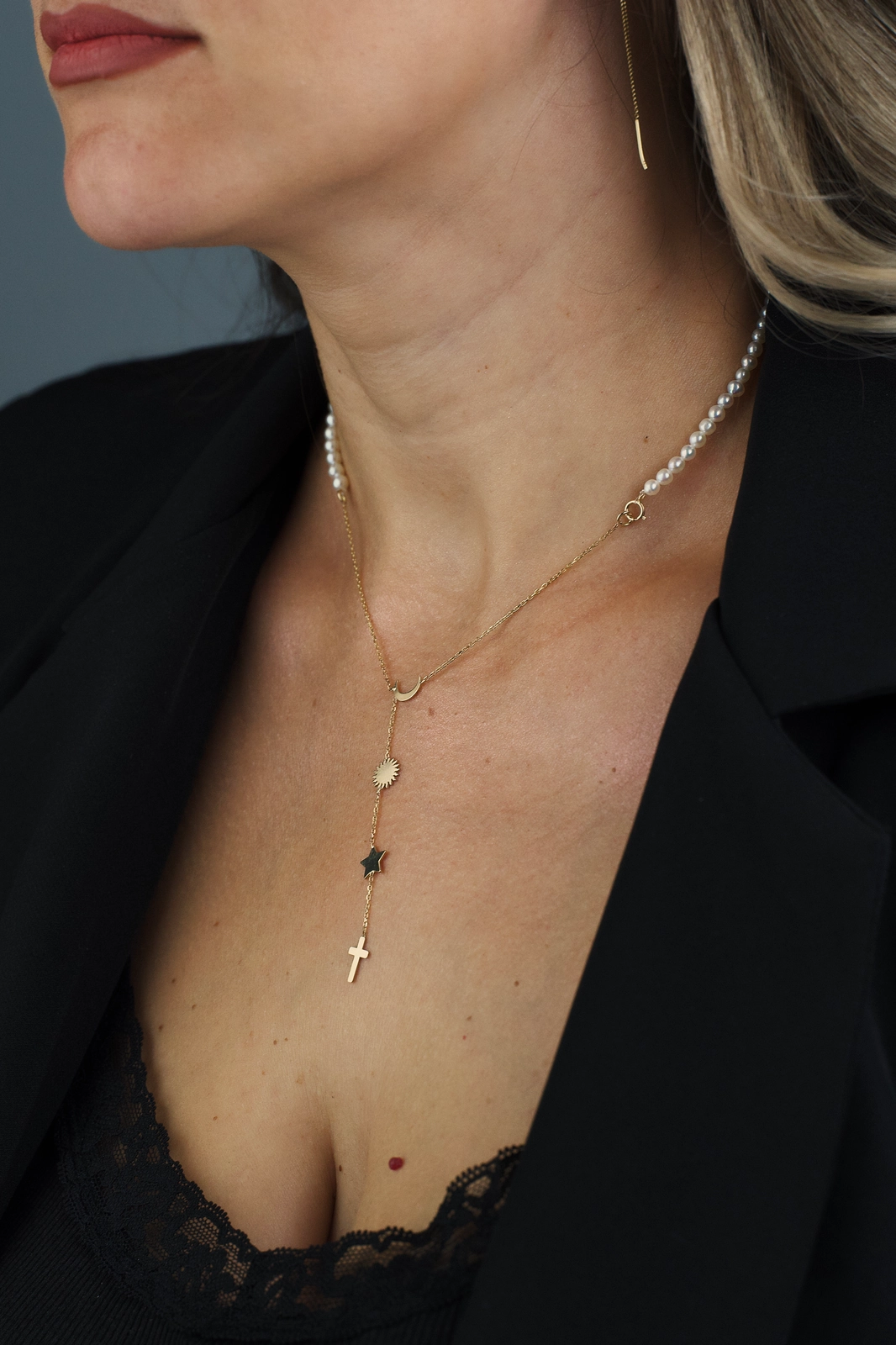 Rozariu din perle naturale cu lantisor aur 14K - Luna Soare Stele - Cruciulita Aur [2]