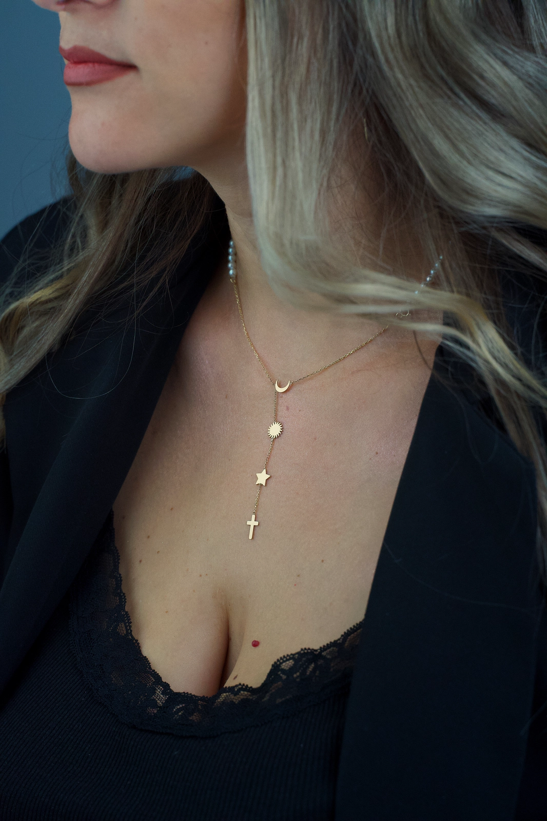 Rozariu din perle naturale cu lantisor aur 14K - Luna Soare Stele - Cruciulita Aur [3]