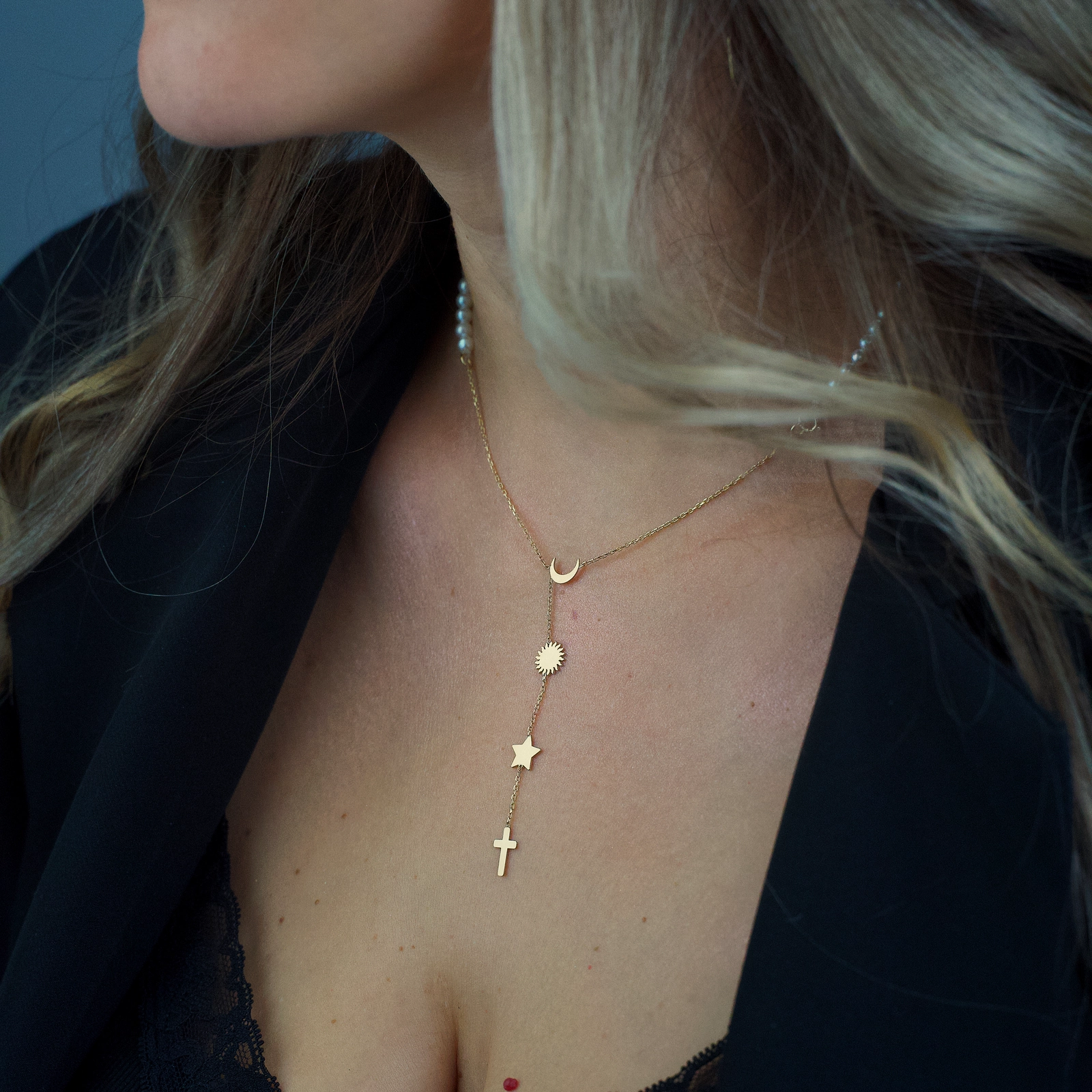 Rozariu din perle naturale cu lantisor aur 14K - Luna Soare Stele - Cruciulita Aur [4]