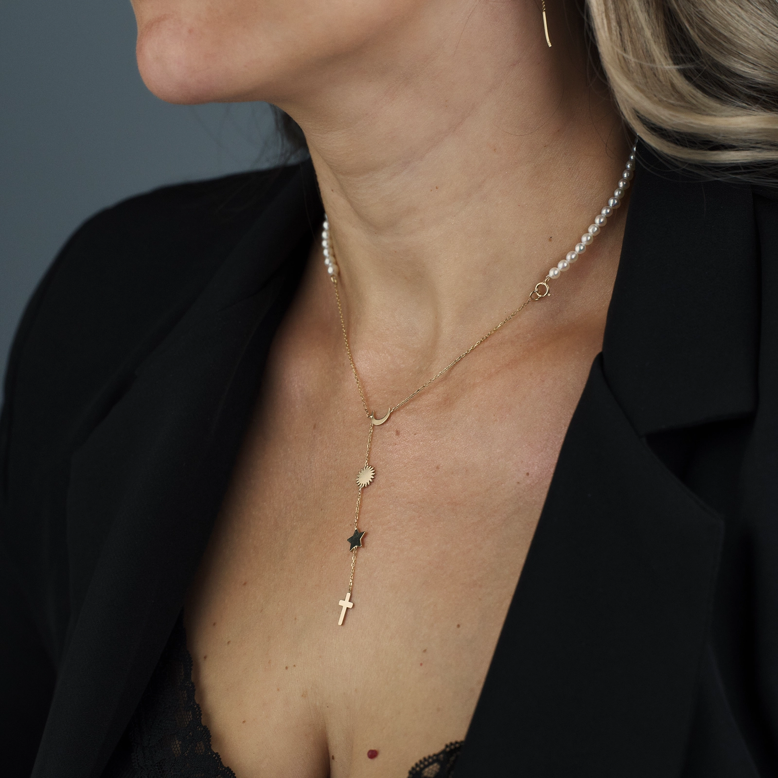 Colier perle naturale - Rozariu din perle naturale cu lantisor aur 14K - Luna Soare Stele - Cruciulita Aur