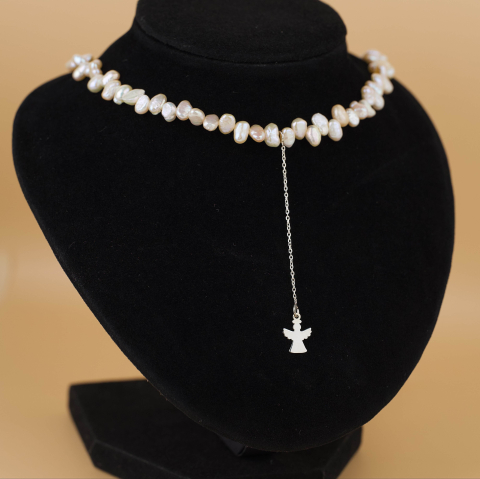 Cadouri pentru EA - Colier perle de cultura neuniforme si pandantiv Ingeras extensie lant Argint 925