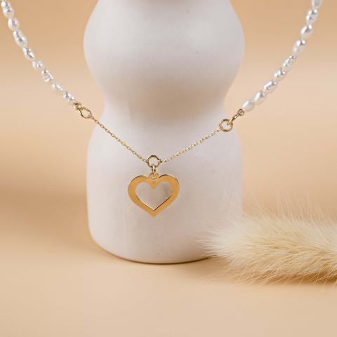 Colier perle naturale - Colier perle cu lantisor din aur 14K si pandantiv inima din Aur