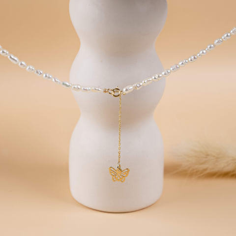 COLIERE - Colier perle de cultura si lantisor aur 14K extensie cu pandantiv fluture