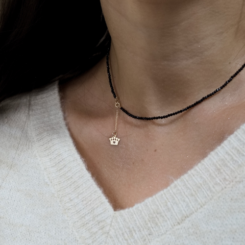 Colier pietre semi-pretioase - Colier cristale negre lantisor din aur 14K si pandantiv coroana