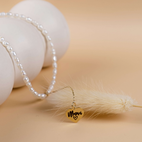 Colier perle de cultura si lantisor aur 14K cu pandantiv inima 'Mom' [1]