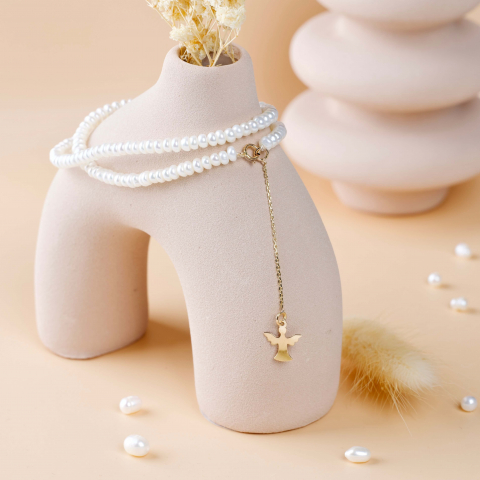 COLIERE - Colier perle de cultura si lantisor aur 14K extensie cu pandantiv din aur Ingeras