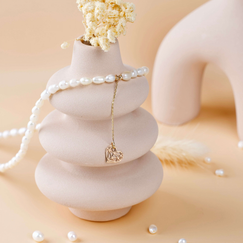 COLIERE - Colier cu perle de cultura si lantisor aur 14K extensie cu pandantiv din aur Inima Origami