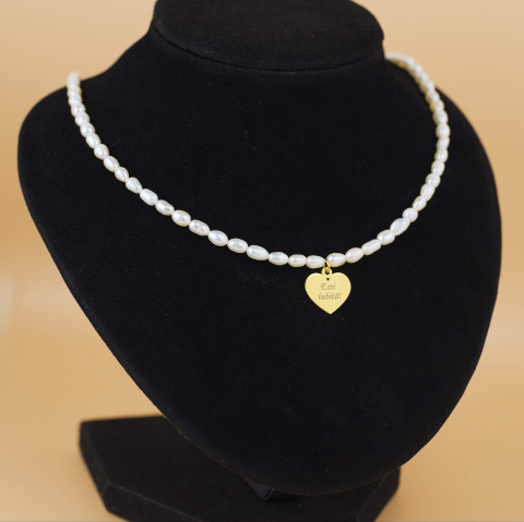 8 Martie - Colier perle de cultura si pandantiv Inima 'Esti iubita!'  Argint 925 suflat cu Aur 18K - Cadou Mama