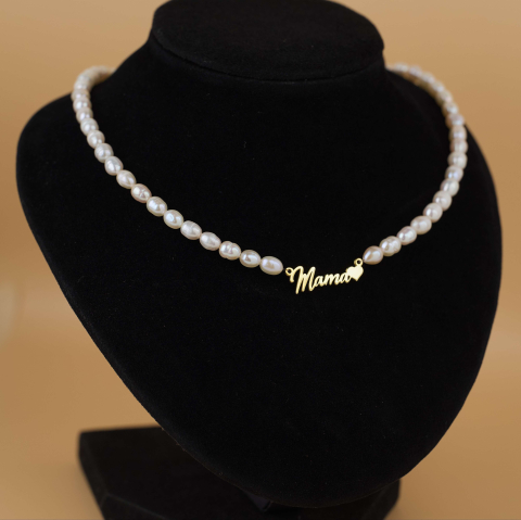 8 Martie - Colier perle de cultura si link 'Mama' Argint 925 suflat cu Aur 18K - Cadou Mama