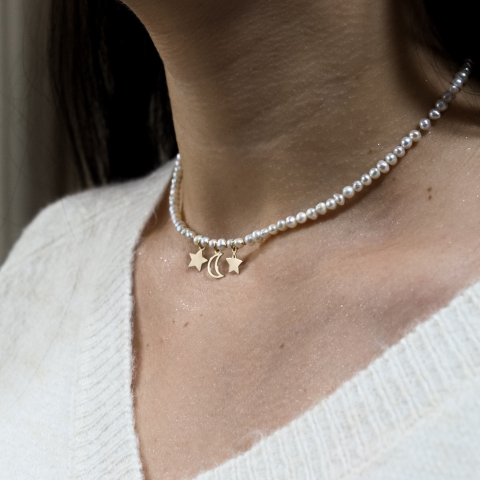 Colier perle naturale - Colier perle naturale la baza gatului cu stelute si luna din Aur 14K