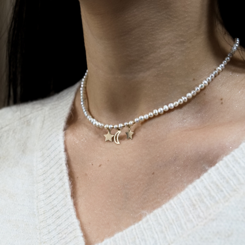 Colier perle naturale la baza gatului cu stelute si luna din Aur 14K [2]