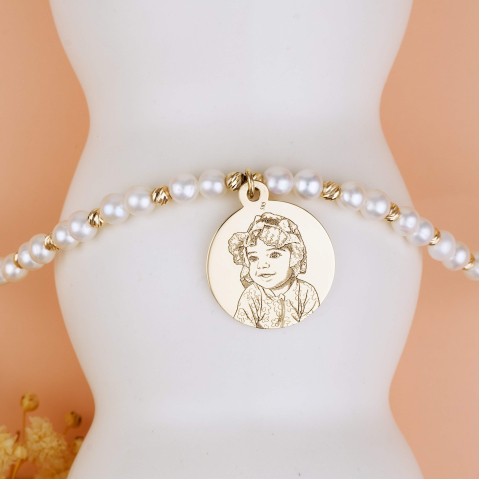 Coliere din perle naturale cu aur - Colier perle naturale cu medalion din aur 14K personalizat cu poza