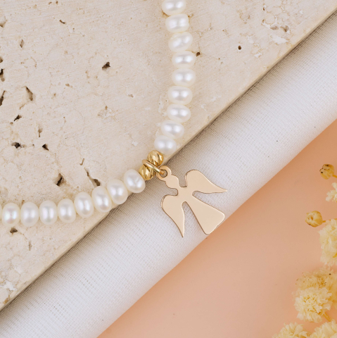 Coliere din perle naturale cu aur - Colier perle naturale cu pandantiv ingeras din aur 14K bilute din aur 2.5mm si incheietoare fixa din aur