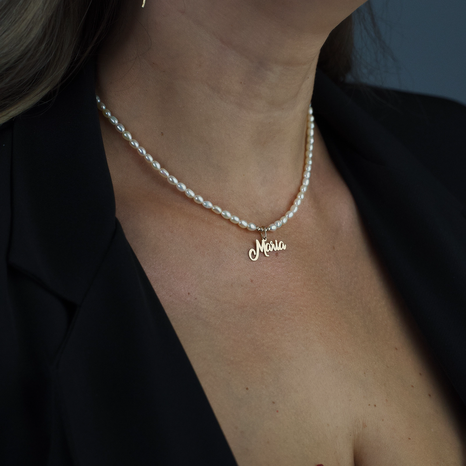 Colier perle naturale - Colier perle naturale cu pandantiv nume din Aur 14K