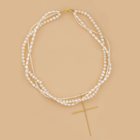 Coliere din perle naturale cu aur - Colier din 3 siraguri perle naturale si Pandantiv Cruce subtire mare model minimalist Argint 925 suflat cu Aur 18K