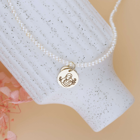Coliere din perle naturale cu aur - Colier perlute naturale de 2mm si Pandantiv banut din Aur 14K Mama si Bebe 12mm si 6 mm