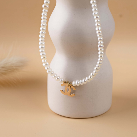 Colier perle naturale - Colier perle naturale de cultura si pendant din aur Chanel