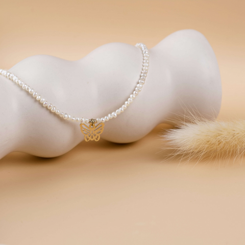 Colier perle naturale - Colier cu perle mici naturale si pandantiv din aur 14K Fluture