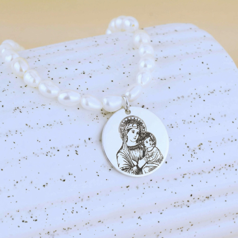 Bijuterii Personalizate - Colier perle naturale de cultura si pendant Icoana Maica Domnului / Fecioara Maria Argint 925 / Argint suflat cu Aur 18K
