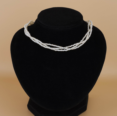 Coliere din perle naturale cu aur - Colier perle naturale rotunde impletit din 3 siraguri - Colier perle Mireasa si Aur 14K