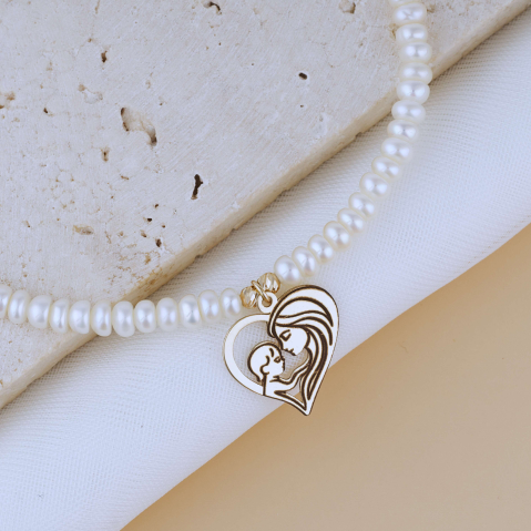 Coliere din perle naturale cu aur - Colier perle naturale si pandantiv Inima din Aur 14K - Mama si Bebe