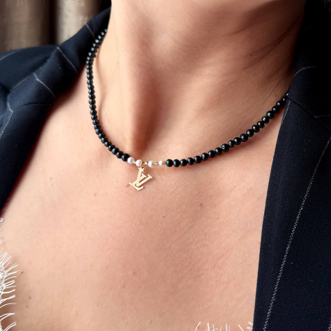 CADOURI - Colier perle negre LV cu bilute striate din Aur 14K