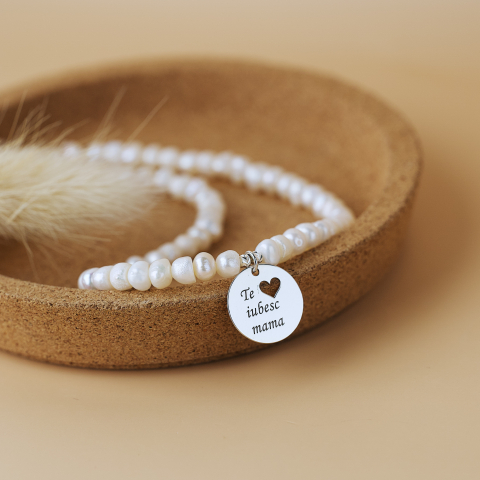 8 Martie - Colier perle de cultura si pandantiv 'Te iubesc Mama' Argint 925 - Cadou Mama