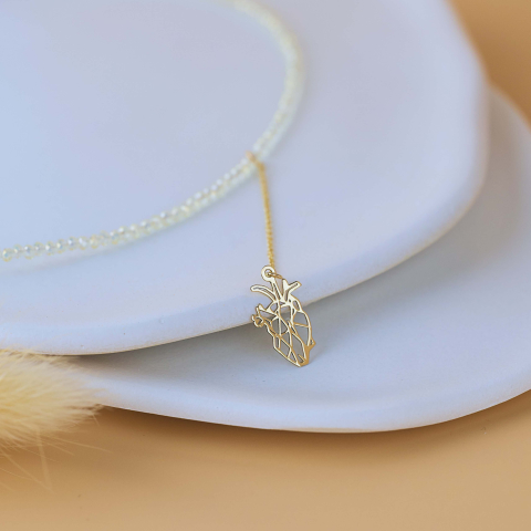 Valentine's Days - Colier cristale albe si pandantiv cu extensie de lantisor Aur 14K - Inima Origami