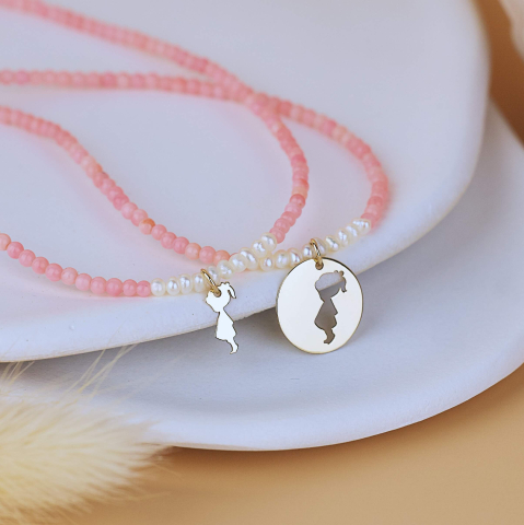 8 Martie - Set colier Mama Fiica Opal Roz cu perlute de cultura si pandantive din Aur 14K