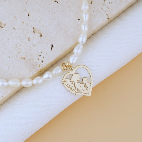 Coliere din perle naturale cu aur - Colier perle naturale si pandantiv din Aur 14K - Mama si Bebe