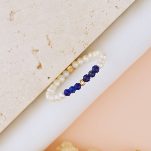 Inele aur personalizate - Inel din Perle Naturale ci Pietre Lapiz Lazuli si 1 Biluta striata din Aur 14K 2mm